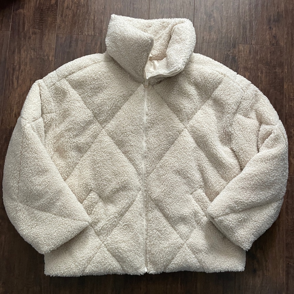 Abercrombie & Fitch Quilted Sherpa Puffer Jacket Womens Large Cream Cozy Teddy